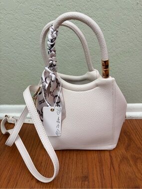 Chic Cream Pebbled Leather Shoulder Bag with Scarf Accent
